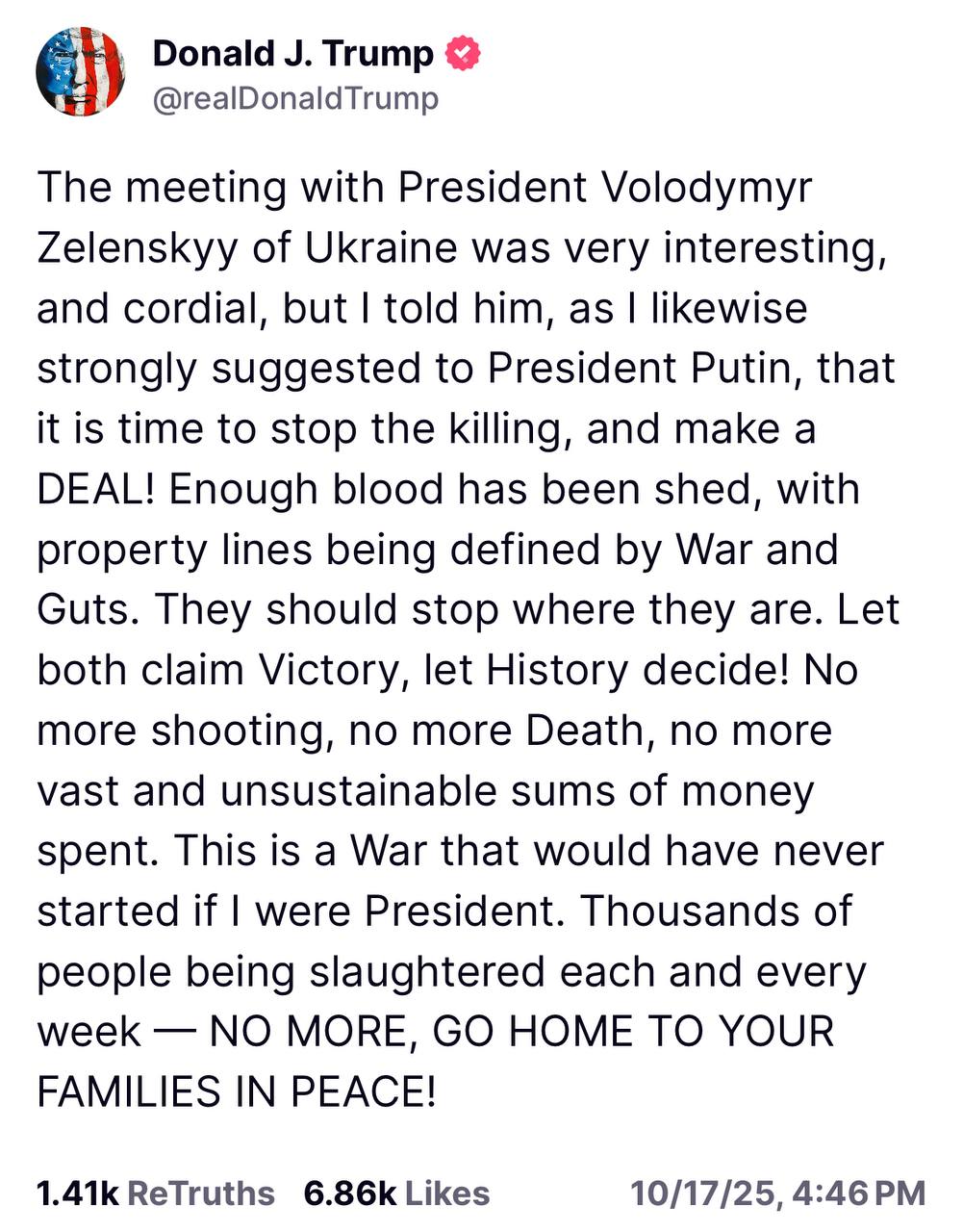 Tweet by Donald Trump discussing a meeting with Ukrainian President Volodymyr Zelenskyy, emphasizing the need to end violence and seek peace in the ongoing conflict.