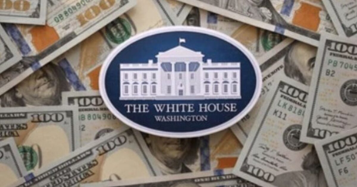 The White House logo surrounded by hundred-dollar bills, symbolizing U.S. government and finance.