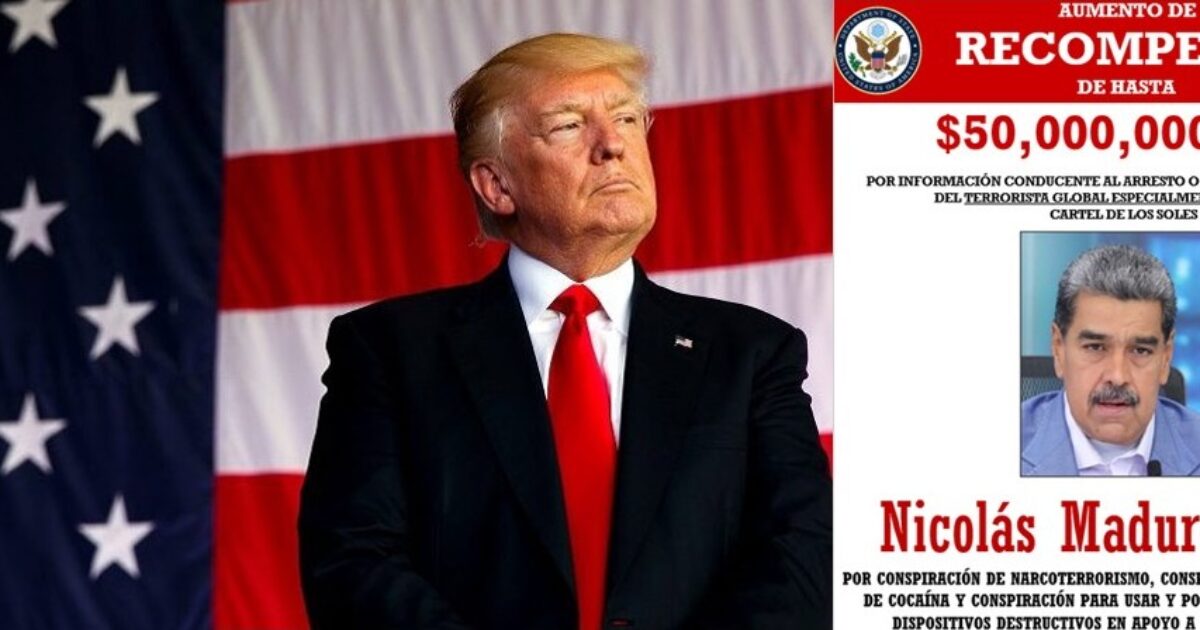 Donald Trump stands in front of an American flag, next to a wanted poster for Nicolás Maduro offering a $50 million reward for information on his arrest.