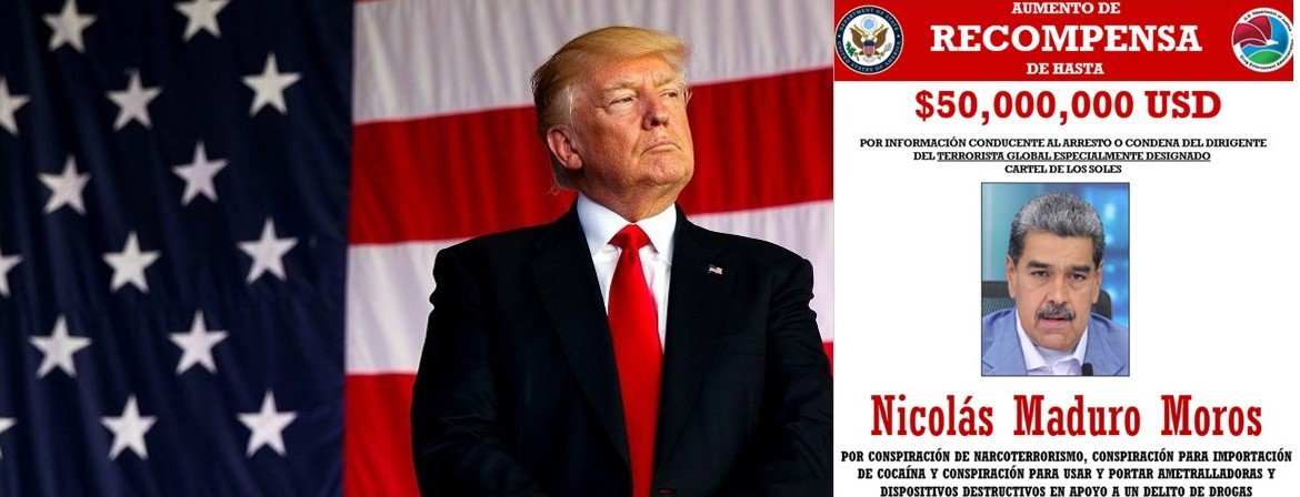 Donald Trump stands in front of an American flag, next to a wanted poster for Nicolás Maduro offering a $50 million reward for information on his arrest.