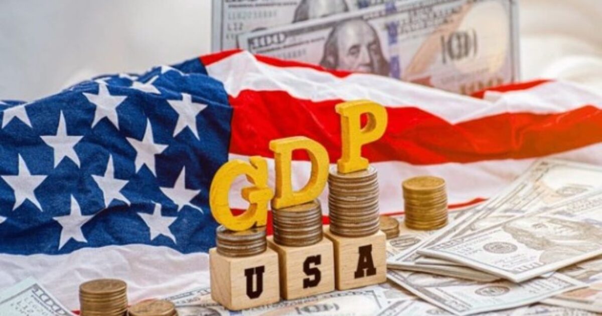 Image depicting the American flag with stacked coins and wooden blocks spelling GDP USA, symbolizing the economic growth and financial metrics of the United States.