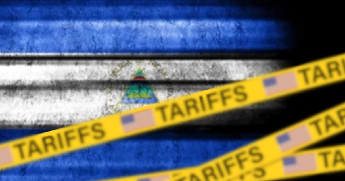 Nicaraguan flag partially obscured by yellow tape marked "TARIFFS," symbolizing trade restrictions and economic impacts.