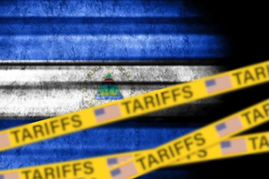 Nicaraguan flag partially obscured by yellow tape marked "TARIFFS," symbolizing trade restrictions and economic impacts.