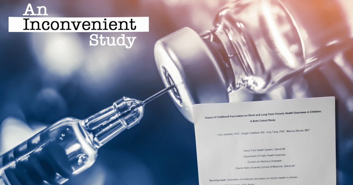 Image of a syringe preparing to inject a vaccine, with a research paper titled "Impact of Childhood Vaccination on Short and Long-Term Chronic Health Outcomes in Children" in the foreground.