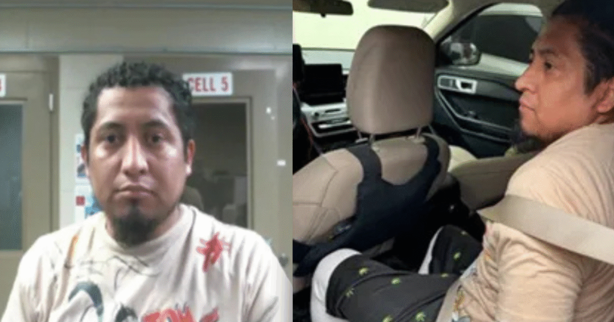 Mugshot and police vehicle image of a male subject in custody, showcasing a serious expression and seated position with seatbelt fastened.