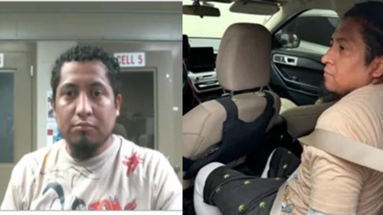 Mugshot and police vehicle image of a male subject in custody, showcasing a serious expression and seated position with seatbelt fastened.