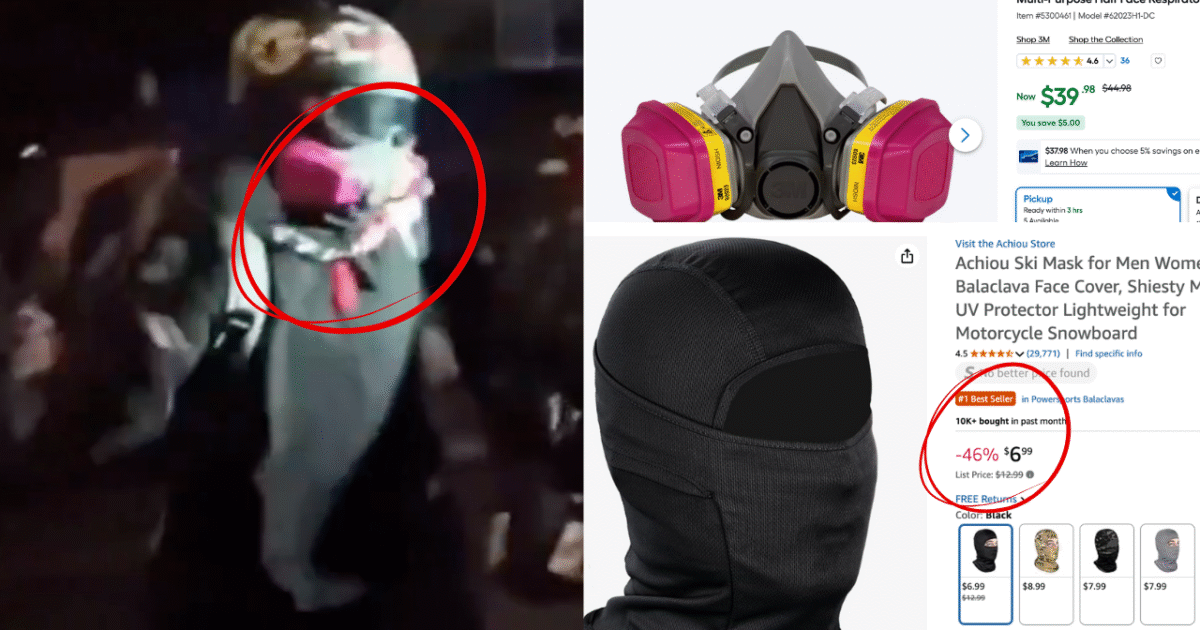 Person wearing a colorful mask in a crowd, with product images of a respirator and ski mask showcasing protective gear for outdoor activities.