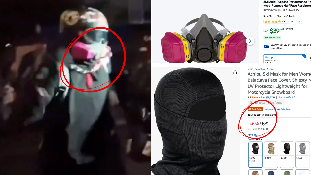 Person wearing a colorful mask in a crowd, with product images of a respirator and ski mask showcasing protective gear for outdoor activities.