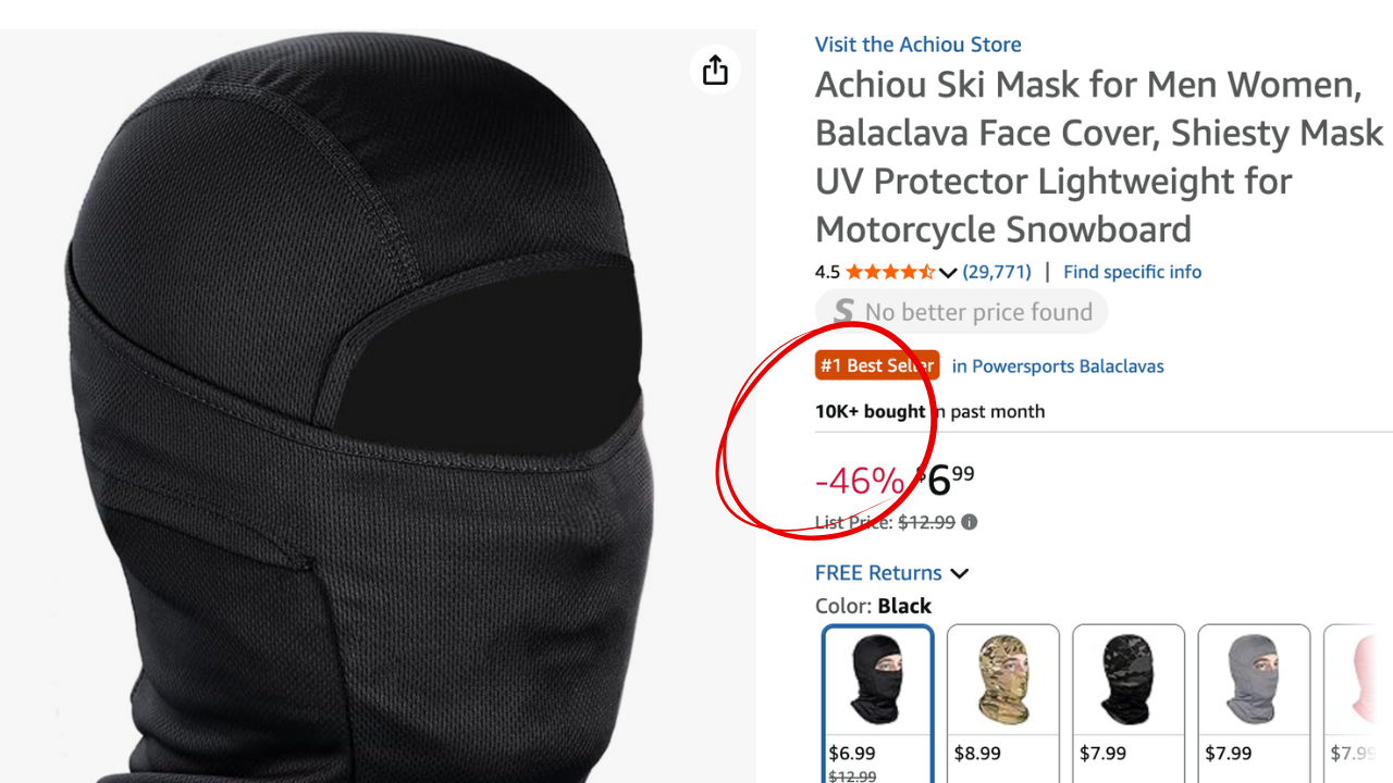 Black balaclava ski mask for men and women, offering UV protection, lightweight design for motorcycle and snowboarding use, marked as a best seller.