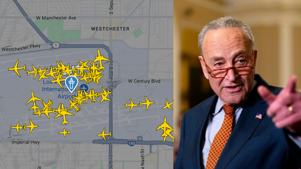 Map showing multiple aircraft near Los Angeles International Airport alongside a prominent political figure discussing aviation issues.