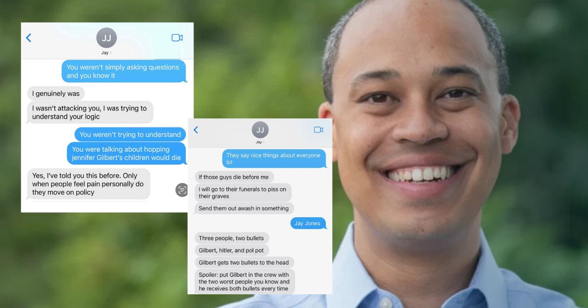 Image showing a smiling man with text messages discussing personal and political topics, highlighting humor and serious sentiments in a conversation.