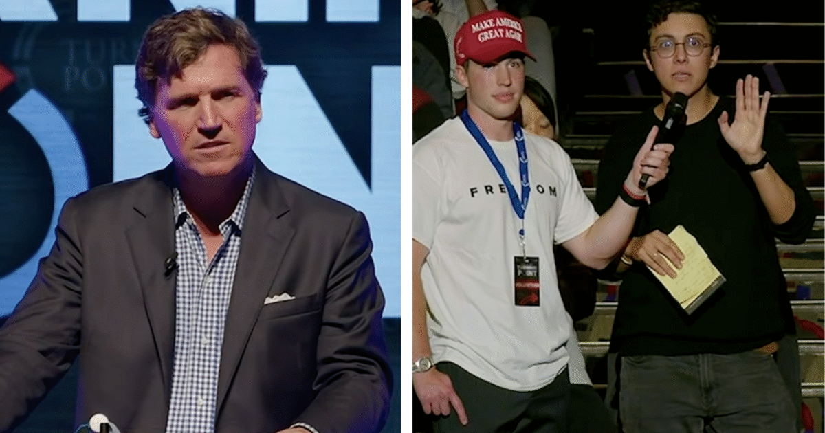 Tucker Carlson speaks at an event while audience members engage in a discussion, highlighting diverse viewpoints on contemporary issues.