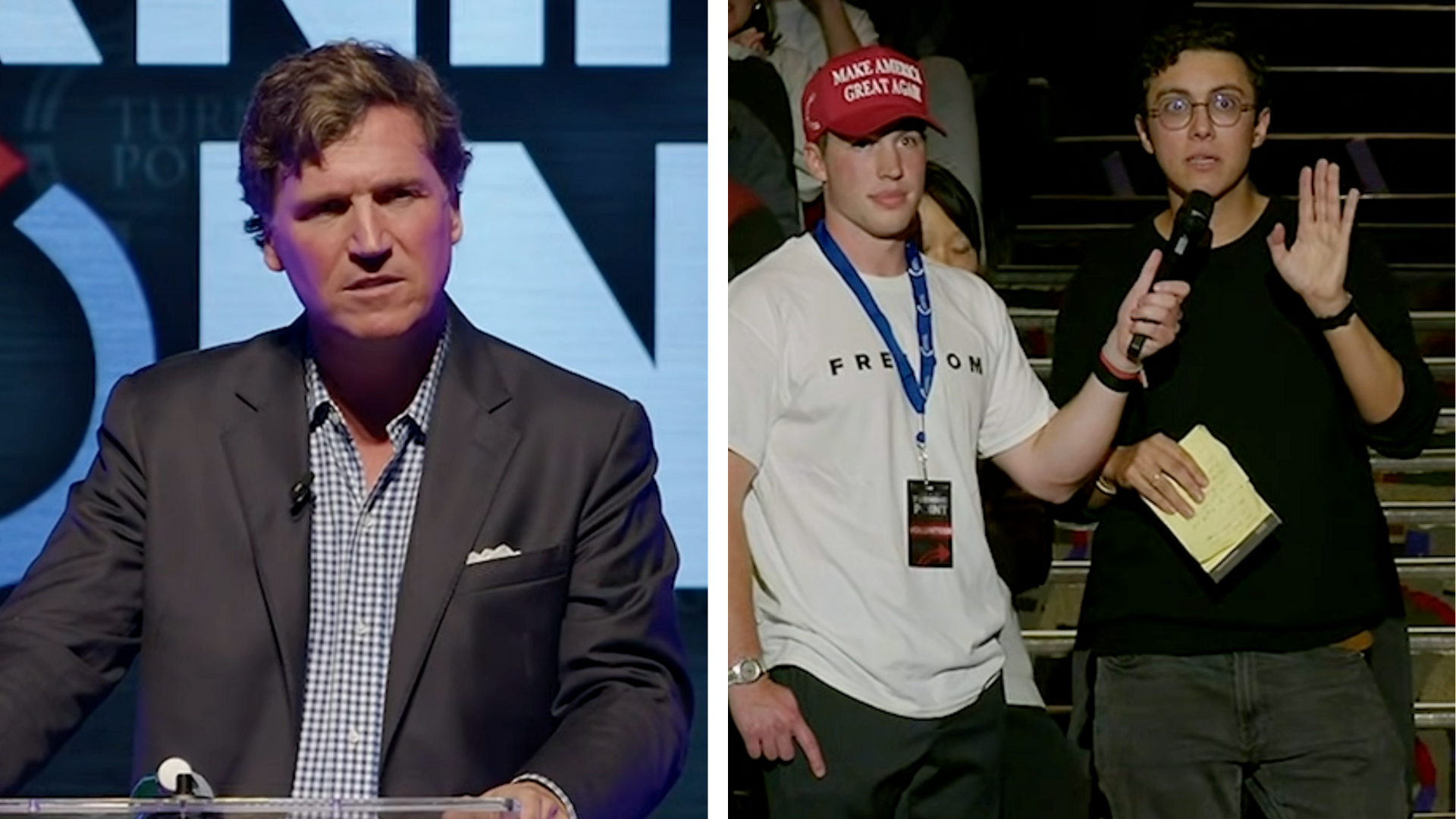 Tucker Carlson speaks at an event while audience members engage in a discussion, highlighting diverse viewpoints on contemporary issues.