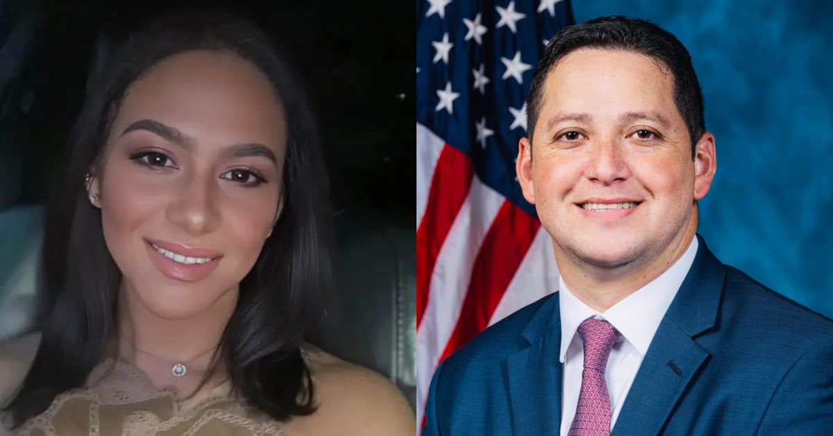 Portrait of a woman smiling on the left and a man in a suit with an American flag background on the right, representing diverse professional identities.