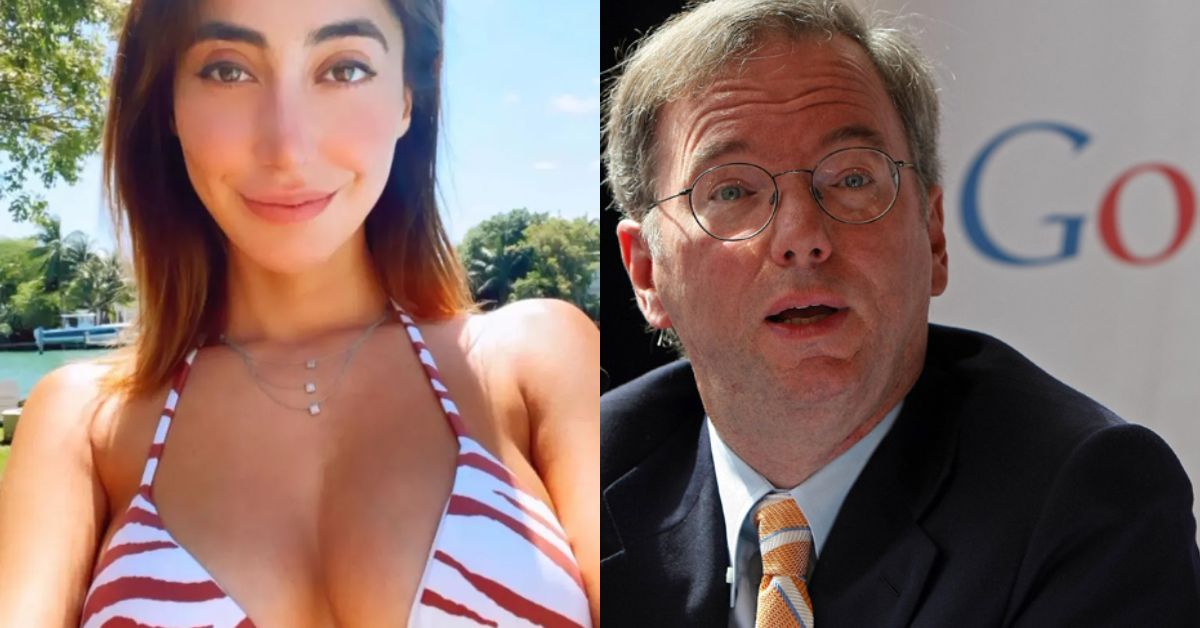 A split image featuring a woman in a striped bikini on the left and a man in a suit speaking at a conference on the right.