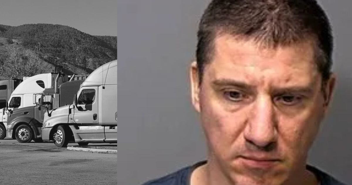 Image showcasing a lineup of trucks in a parking area alongside a close-up of a man’s serious expression, highlighting themes of transportation and law enforcement.