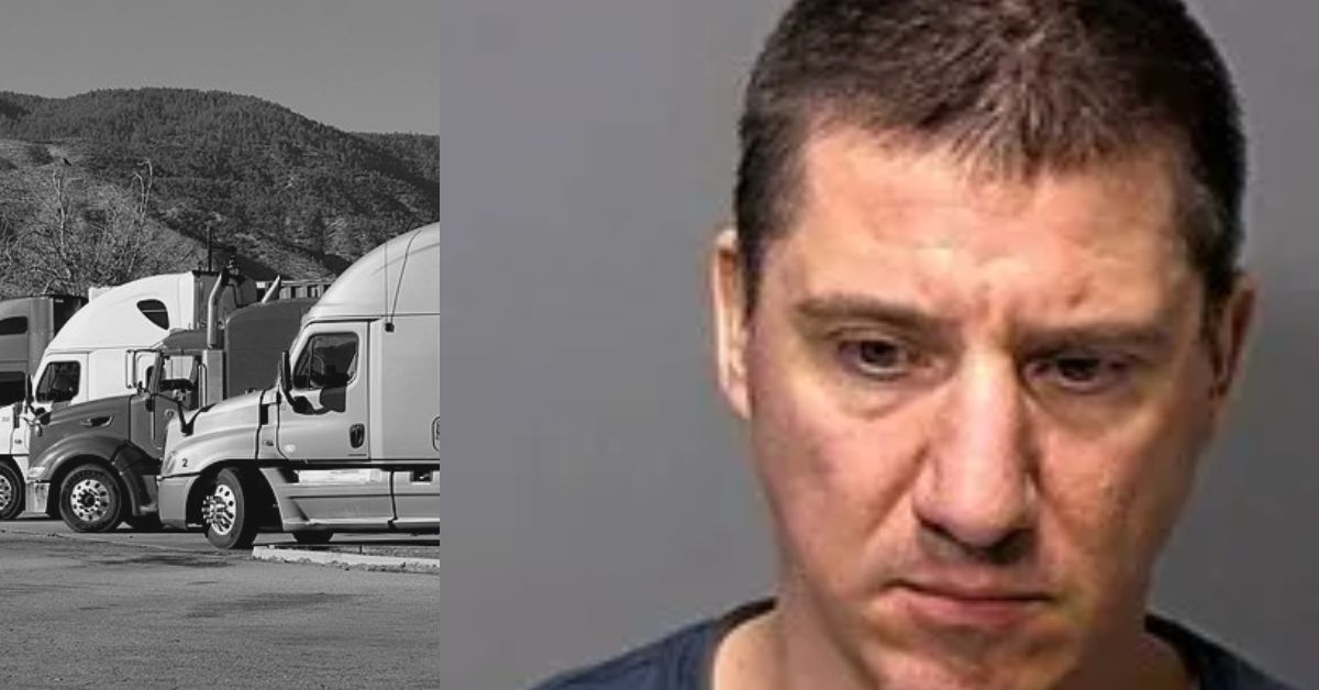 Image showcasing a lineup of trucks in a parking area alongside a close-up of a man’s serious expression, highlighting themes of transportation and law enforcement.