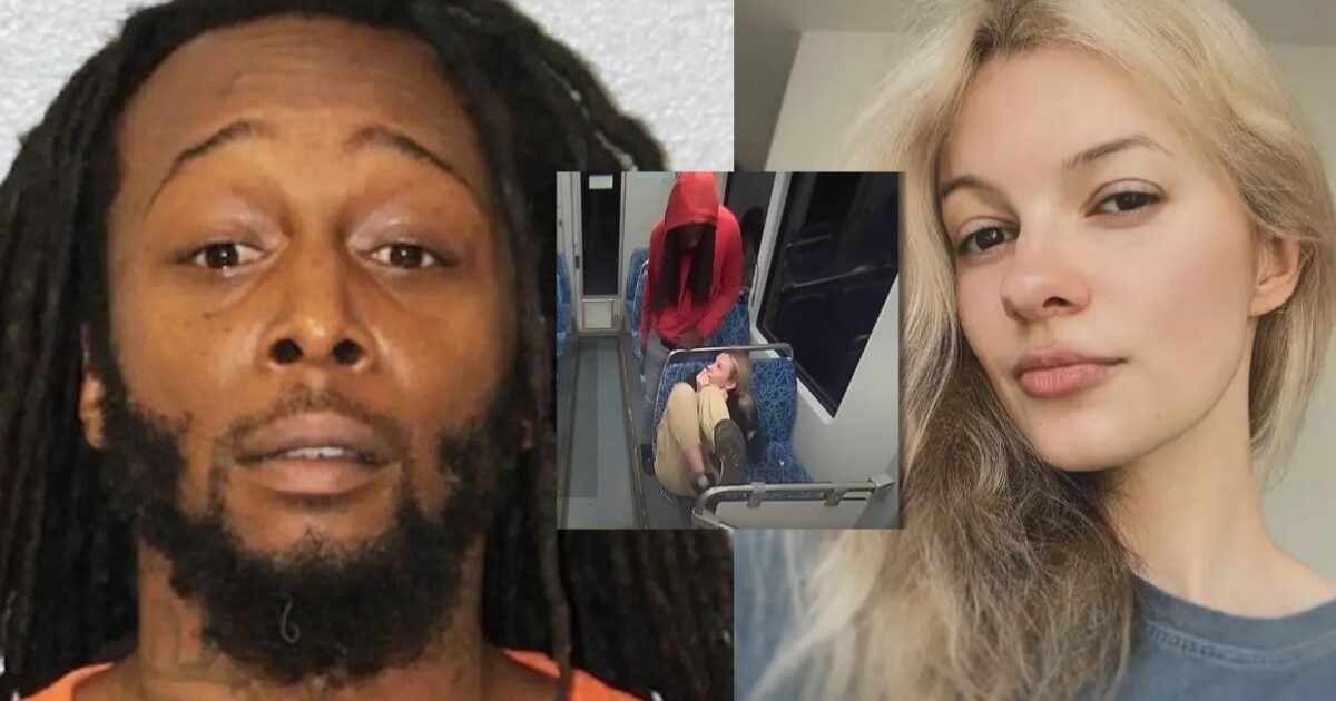 Image collage featuring a man's mugshot, a surveillance scene on public transport, and a woman's portrait, highlighting a notable incident involving multiple individuals.
