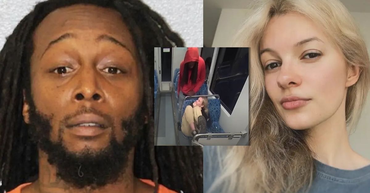 Image collage featuring a man's mugshot, a surveillance scene on public transport, and a woman's portrait, highlighting a notable incident involving multiple individuals.