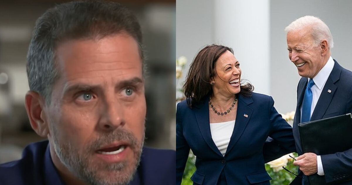 Hunter Biden's serious expression contrasts with Kamala Harris and Joe Biden's joyful interaction, highlighting different political narratives and family dynamics.