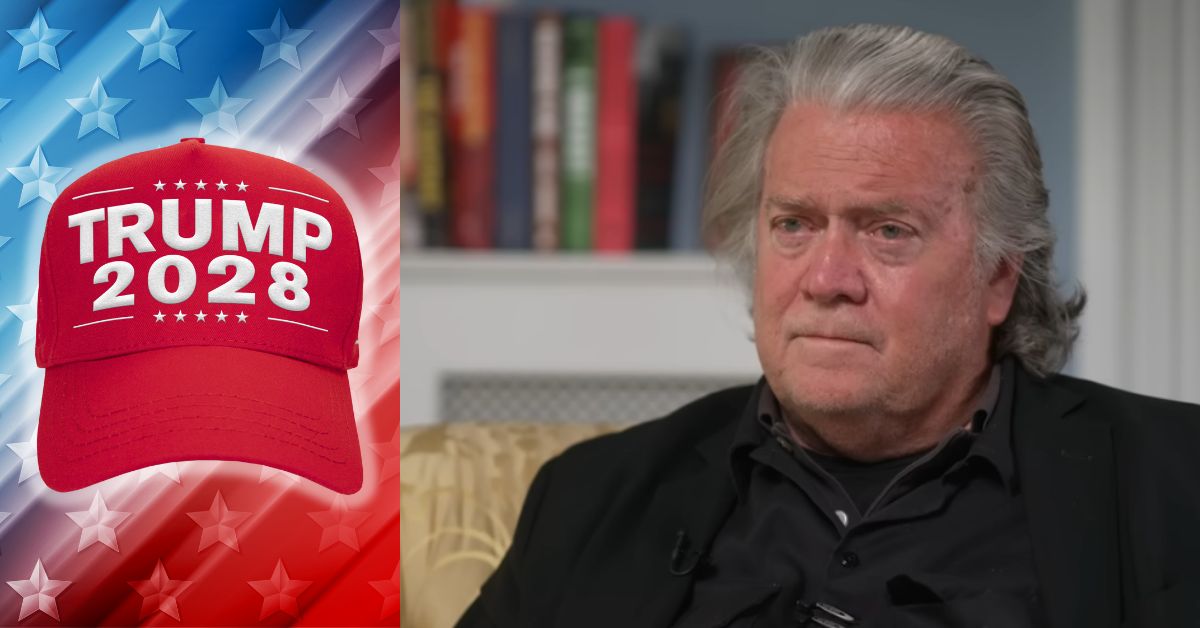 Steve Bannon appears thoughtful next to a red "Trump 2028" cap against a patriotic background.