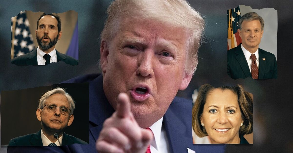 Donald Trump gestures emphatically while surrounded by images of prominent legal and political figures, highlighting a significant moment in U.S. political discourse.