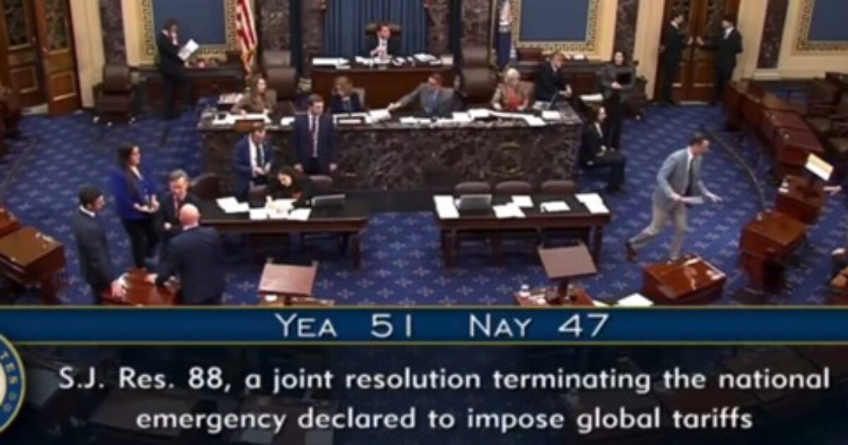 U.S. Senate voting on S.J. Res. 88, a resolution to terminate the national emergency for global tariffs, with results displayed as YEA 51 and NAY 47.