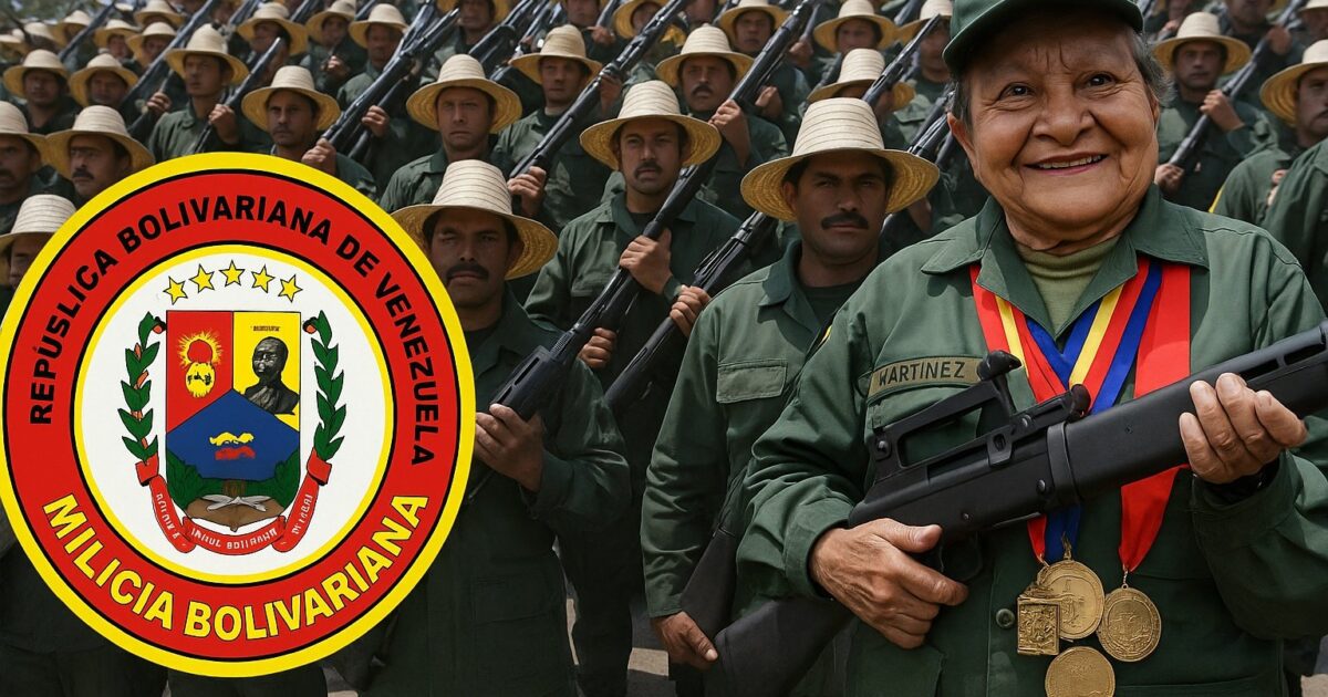 Venezuelan militia members in uniform stand behind a smiling woman holding a rifle, showcasing unity and pride during a military event.