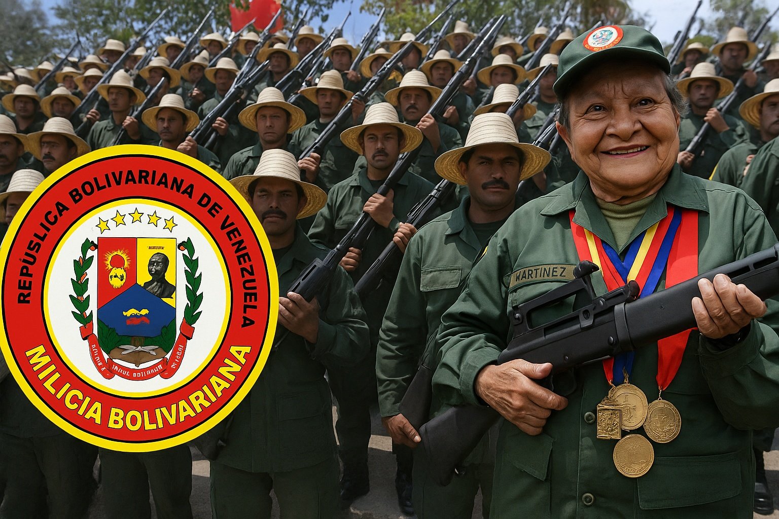 Venezuelan militia members in uniform stand behind a smiling woman holding a rifle, showcasing unity and pride during a military event.