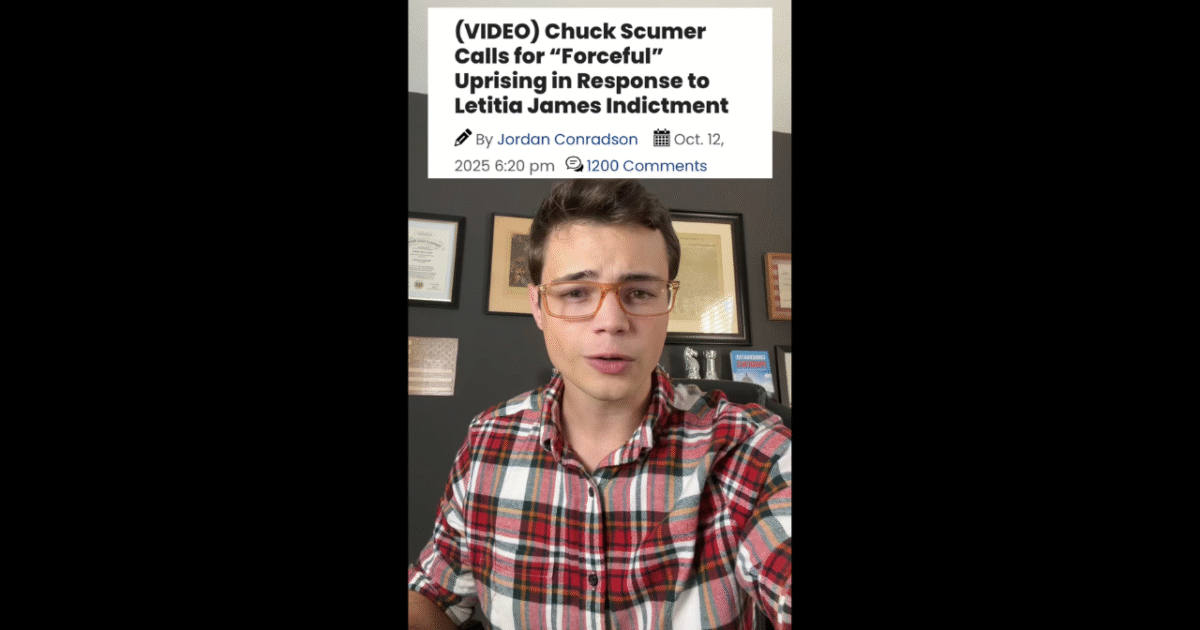 Video commentary on Chuck Schumer's call for a "forceful" response to Letitia James' indictment, featuring a young man in glasses and a plaid shirt.