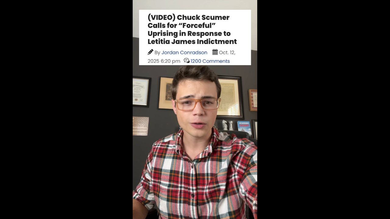 Video commentary on Chuck Schumer's call for a "forceful" response to Letitia James' indictment, featuring a young man in glasses and a plaid shirt.