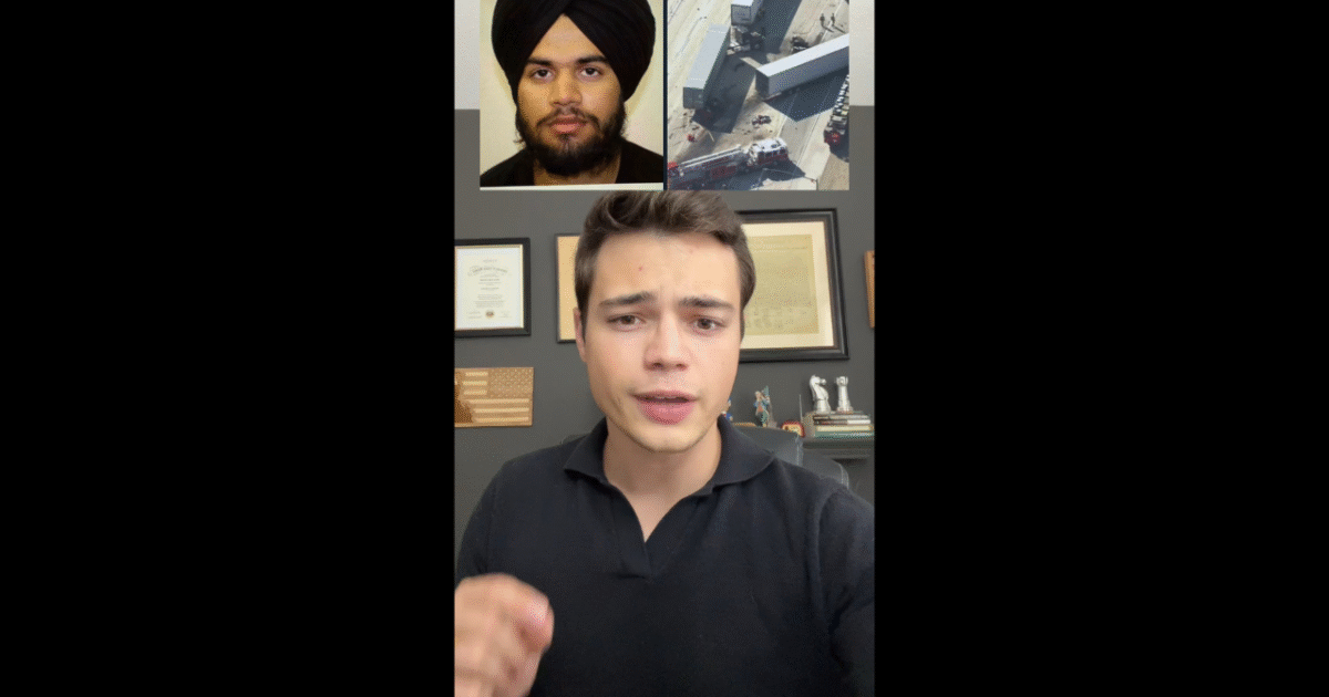 Young man speaking on camera with images of a person and an accident scene in the background, discussing a relevant topic.