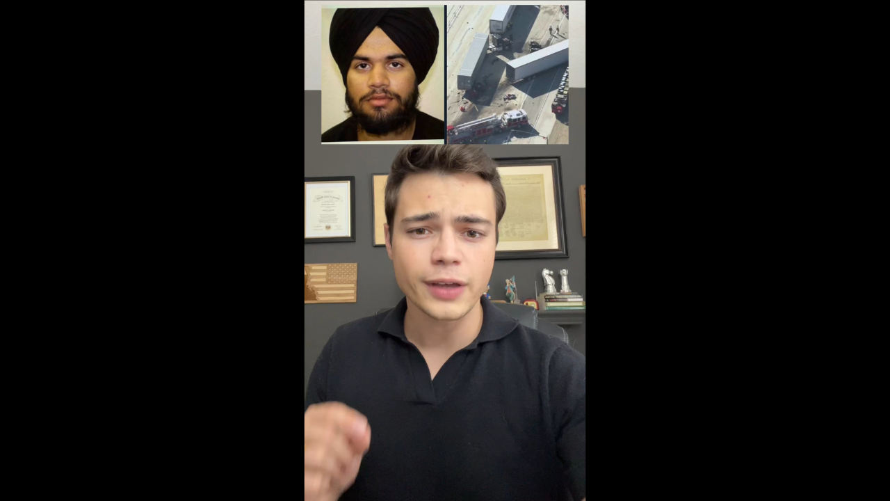 Young man speaking on camera with images of a person and an accident scene in the background, discussing a relevant topic.