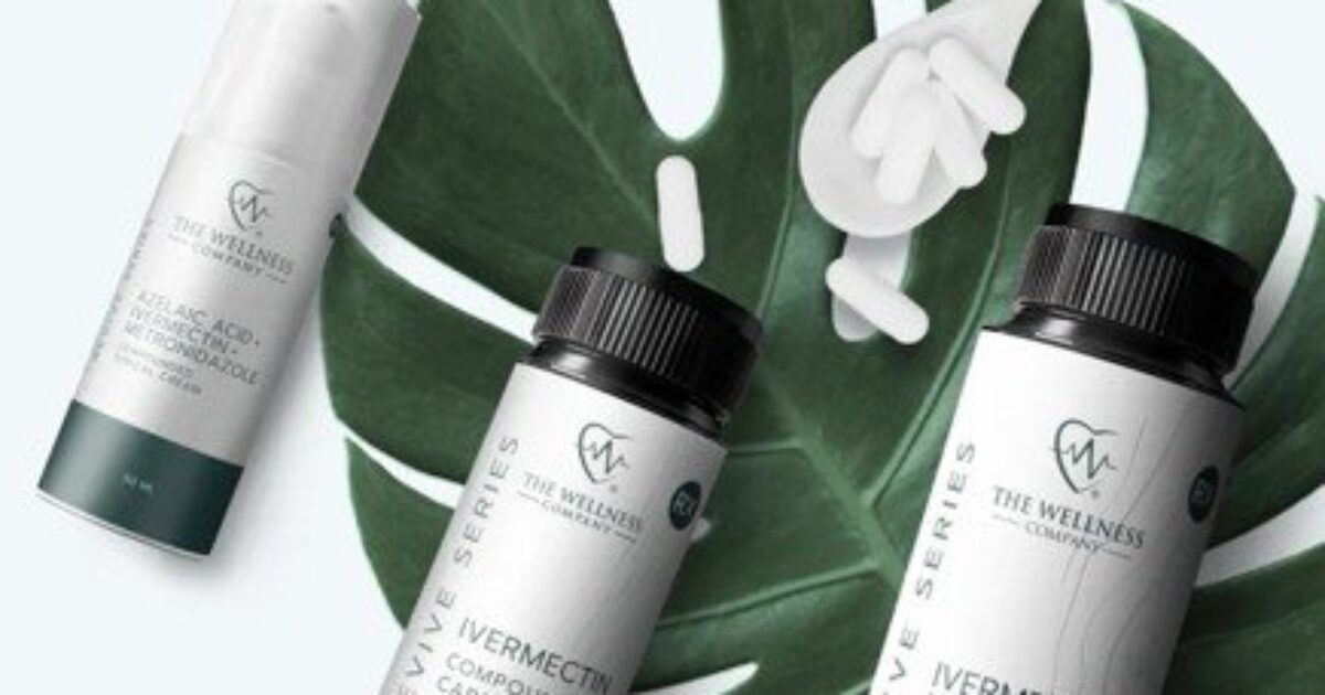 Wellness products including ivermectin-mebendazole capsules and skincare cream on a tropical leaf background, promoting health and wellness solutions.