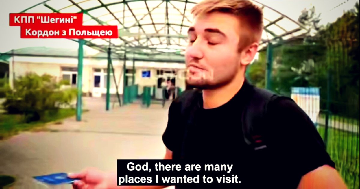 Young man expressing his travel aspirations at a border crossing with Poland, surrounded by greenery and a modern facility.