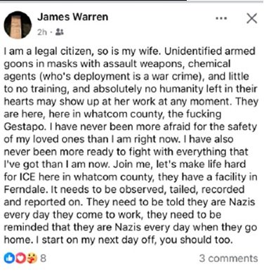 Facebook post expressing concerns about armed individuals and safety in Whatcom County, highlighting fears for loved ones and calling for action against ICE activities in the area.