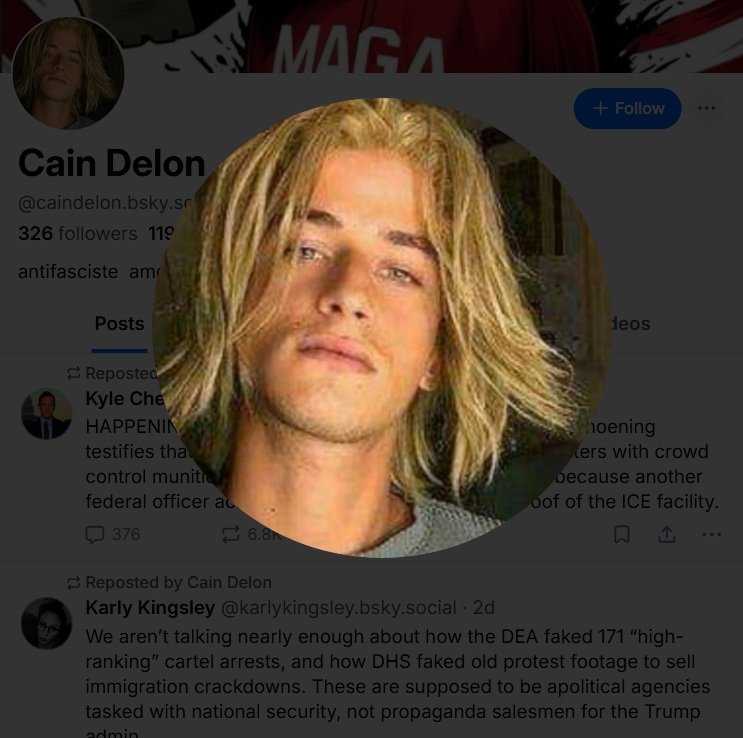 Portrait of Cain Delon, a social media user, with long blonde hair, featured on Twitter discussing political issues and activism.