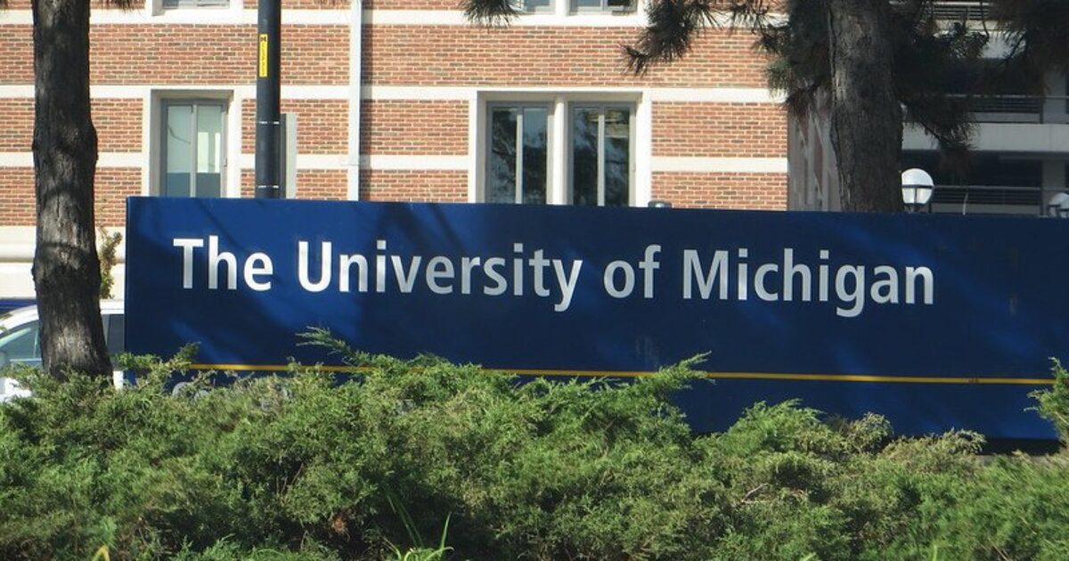 Signage for The University of Michigan displayed prominently in a landscaped area, showcasing the institution's name in a clear and inviting manner.
