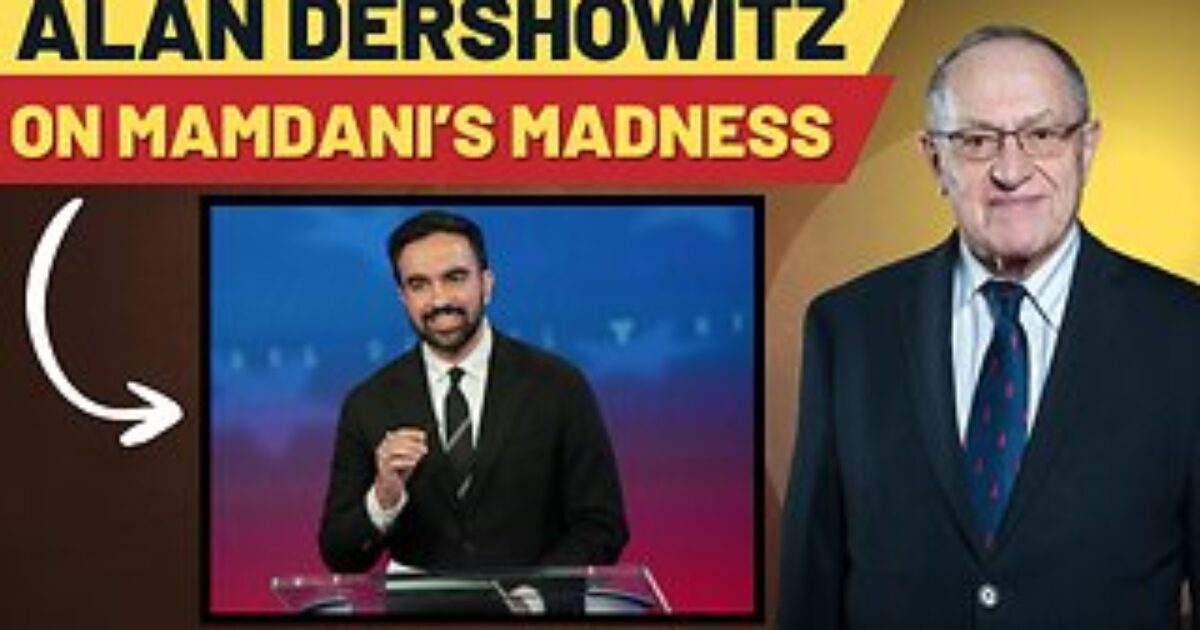 Alan Dershowitz discusses Mamdani's views, featuring a split image of Dershowitz and a speaker on stage, highlighting a debate on contemporary issues.