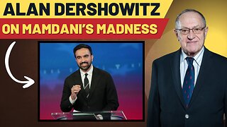 Alan Dershowitz discusses Mamdani's views, featuring a split image of Dershowitz and a speaker on stage, highlighting a debate on contemporary issues.