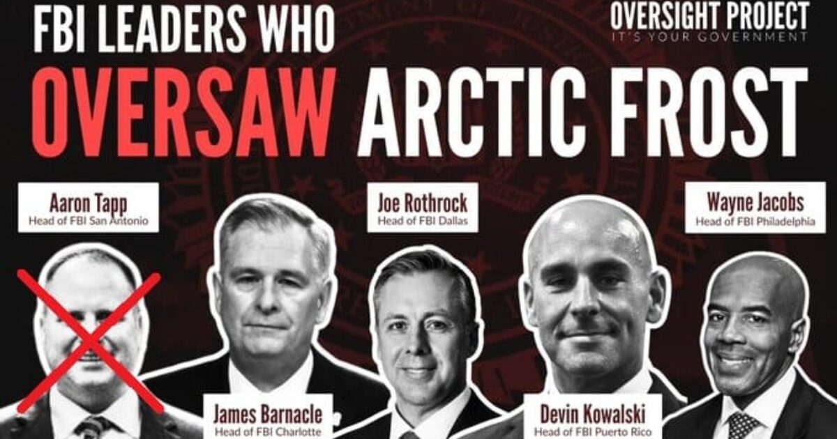 FBI leaders involved in the Arctic Frost operation, featuring Aaron Tapp, James Barnacle, Joe Rothrock, Devin Kowalski, and Wayne Jacobs, highlighted in an informative graphic.