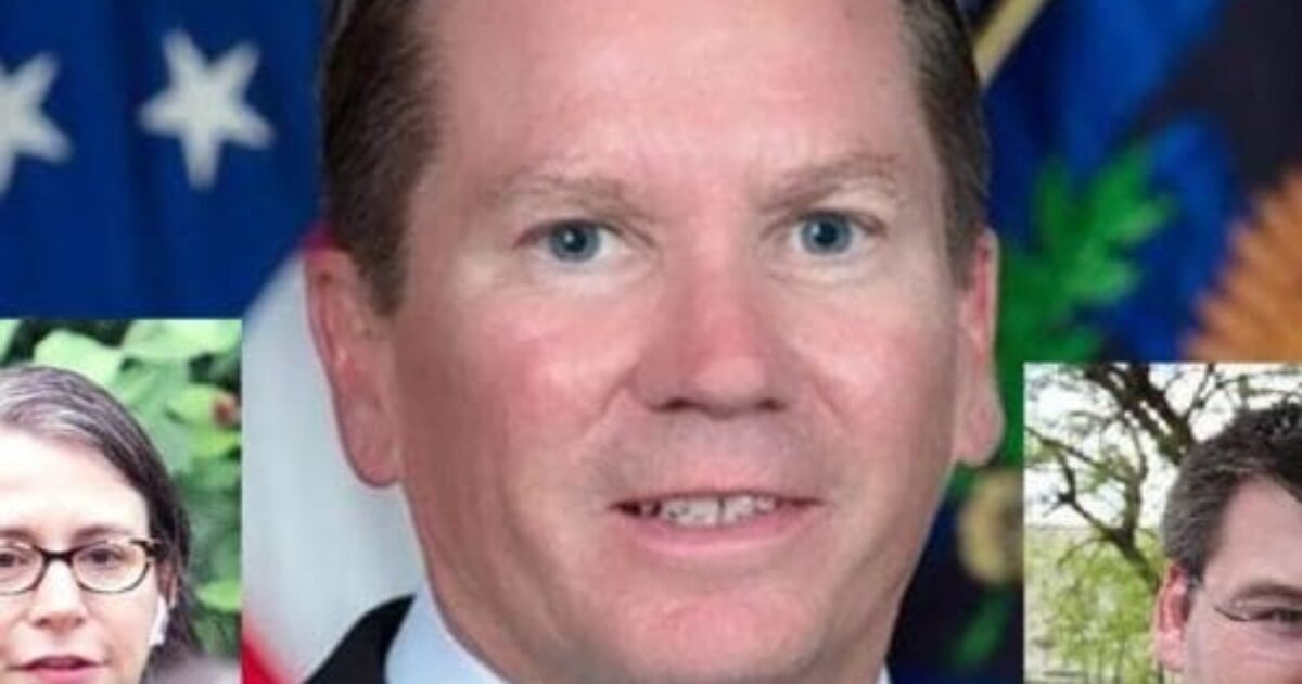 Headshot of a man in a suit, surrounded by images of two other individuals, with flags in the background, representing a professional or governmental context.