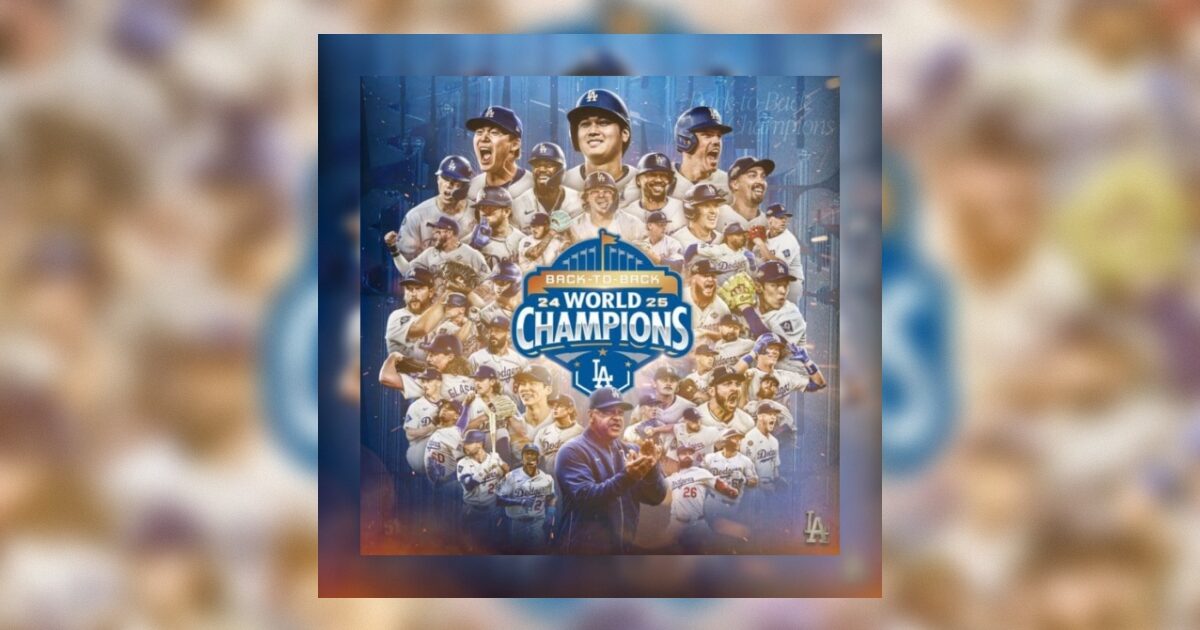 Collage celebrating the Los Angeles Dodgers' back-to-back World Series championships, featuring team members and the championship logo.