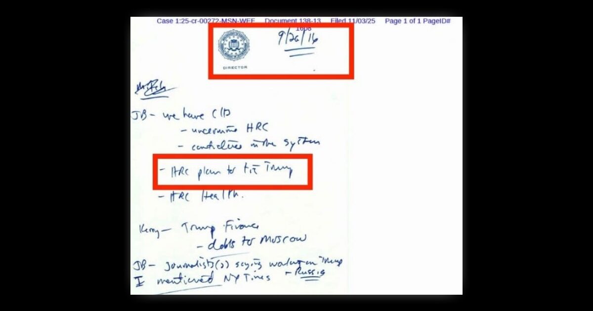 Handwritten notes from a 2016 FBI document discussing HRC's health and plans related to Trump, dated 9/26/16.
