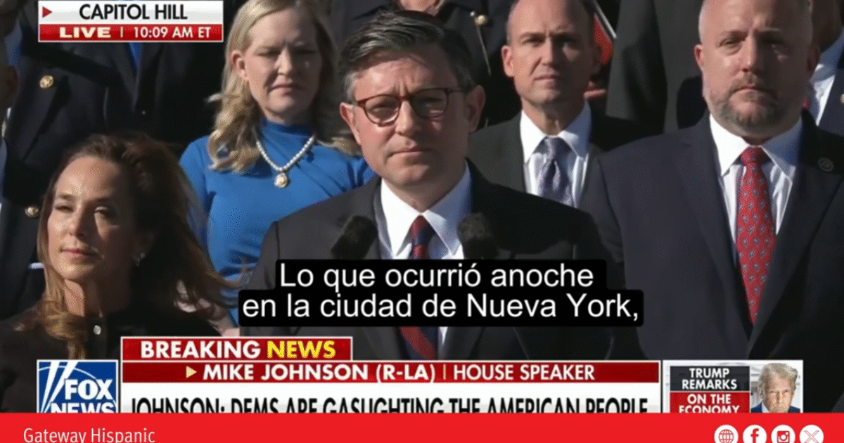 Mike Johnson, House Speaker, addresses reporters on Capitol Hill about recent events in New York City, flanked by fellow officials during a live broadcast.