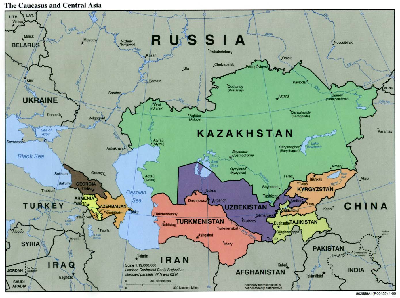 Map of the Caucasus and Central Asia highlighting countries such as Kazakhstan, Uzbekistan, and Kyrgyzstan, along with neighboring regions like Russia, Iran, and China.