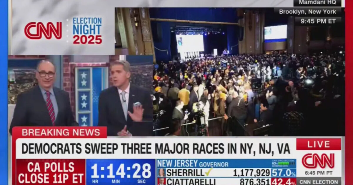 CNN coverage of Election Night 2025 shows a crowded venue celebrating Democratic victories in major races across New York, New Jersey, and Virginia.