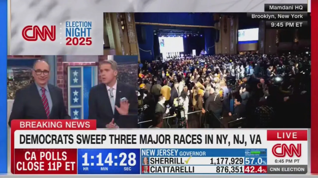 CNN coverage of Election Night 2025 shows a crowded venue celebrating Democratic victories in major races across New York, New Jersey, and Virginia.