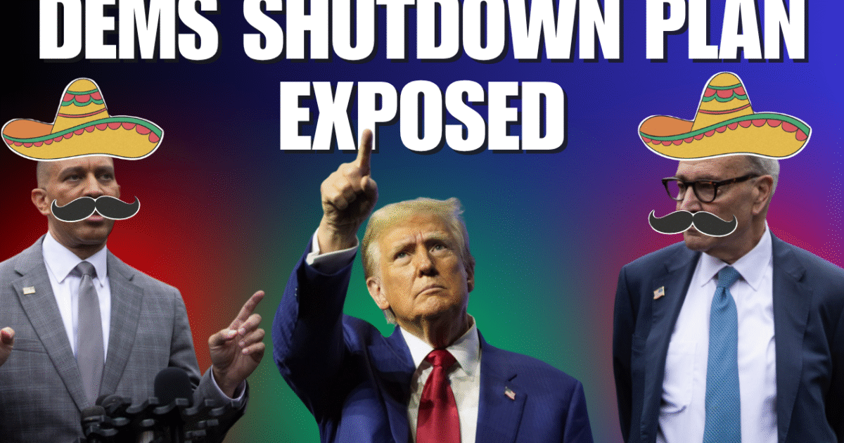 Image of political figures with humorous accessories, featuring bold text stating "DEMS SHUTDOWN PLAN EXPOSED," highlighting a controversial topic in American politics.
