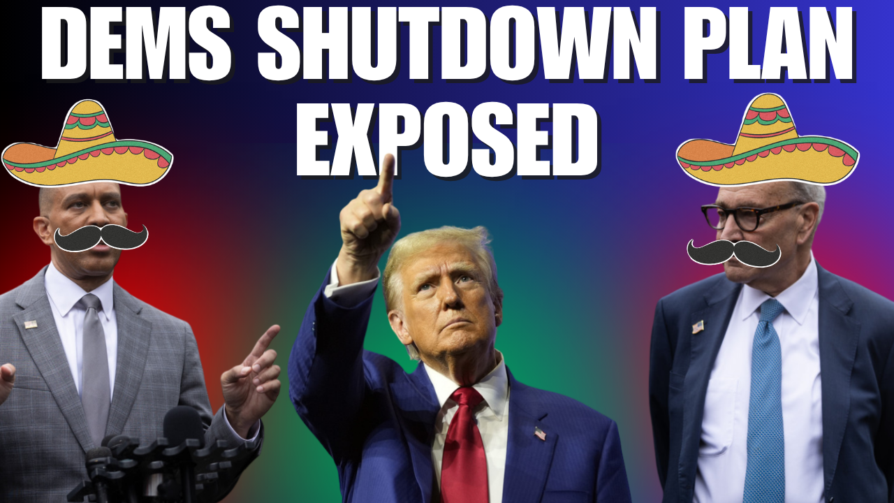 Image of political figures with humorous accessories, featuring bold text stating "DEMS SHUTDOWN PLAN EXPOSED," highlighting a controversial topic in American politics.